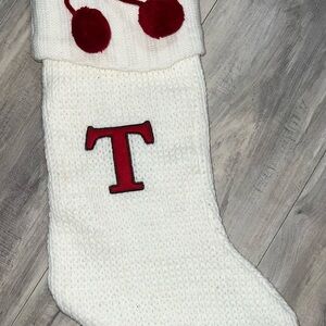 White Knit Christmas Stocking with Red letter T